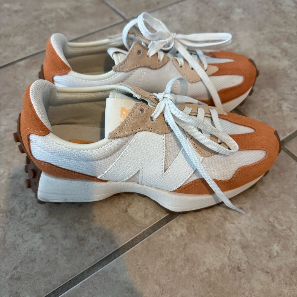 New Balance 327 Coral and White Sneakers